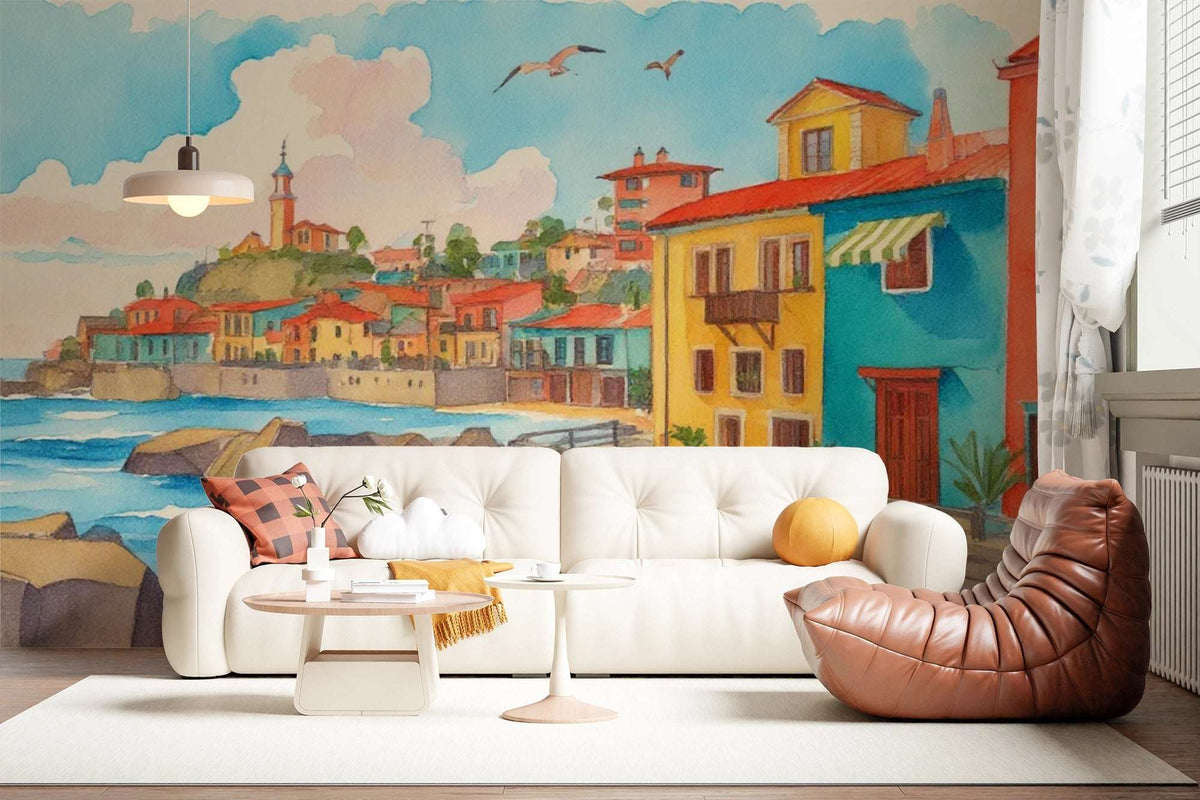 Vibrant Mediterranean Coastal Town Watercolor Mural Wallpaper