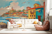 Vibrant Mediterranean Coastal Town Watercolor Mural Wallpaper - Wallmotif.com