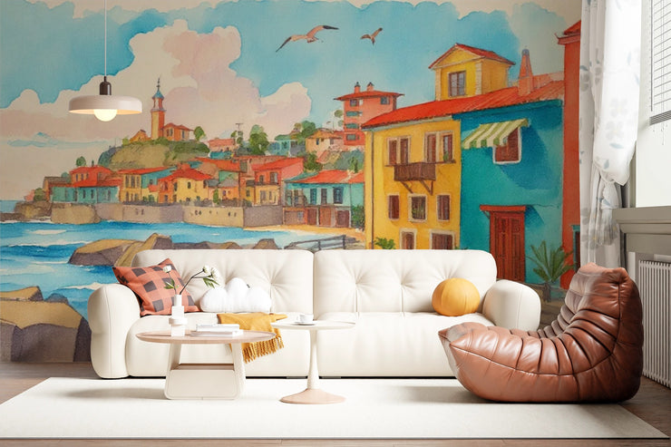 Vibrant Mediterranean Coastal Town Watercolor Mural Wallpaper - Wallmotif.com