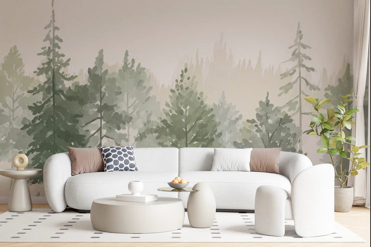 Watercolor Forest Mural Wallpaper - Pine Tree Landscape - Wallmotif.com