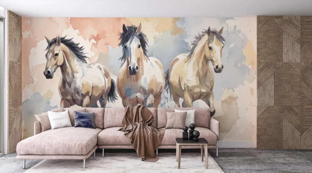Wild Horses Watercolor Mural Wallpaper - Rustic Ranch Horse Themed Wallpaper