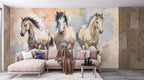 Wild Horses Watercolor Mural Wallpaper - Rustic Ranch Horse Themed Wallpaper