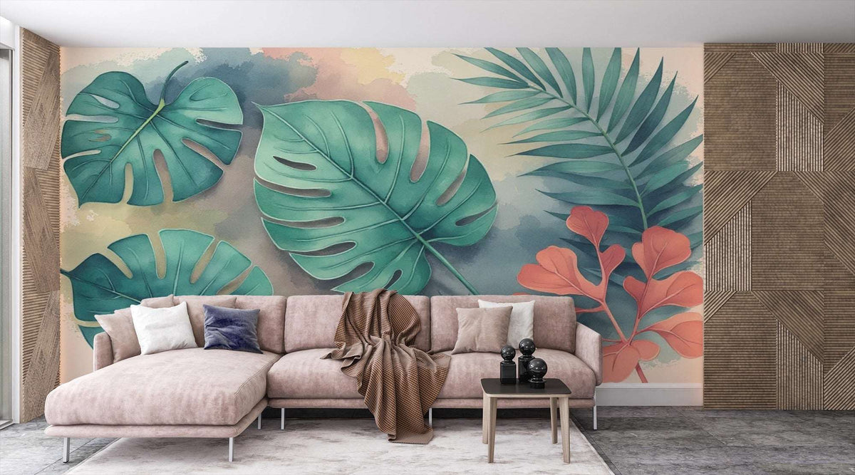 Tropical Leaves Watercolor Mural Wallpaper - Jungle Oasis Botanical Wallpaper