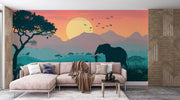 Savanna Sunset Wall Mural. Safari Elephant Wallpaper. African Landscape Peel and Stick - Wallmotif.com