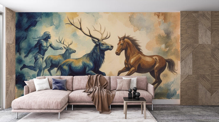 Mythical Stag & Horse Watercolor Wall Mural - Enchanting Forest Spirit Accent Wall Decor - Wallmotif.com
