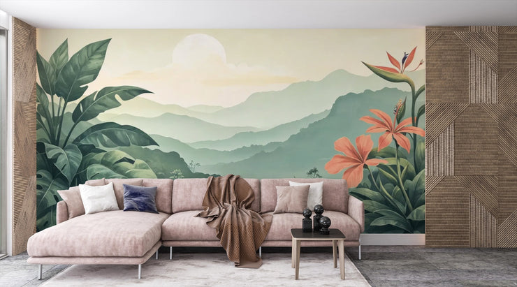 Mountain Landscape Tropical Leaves Wall Mural - Wallmotif.com