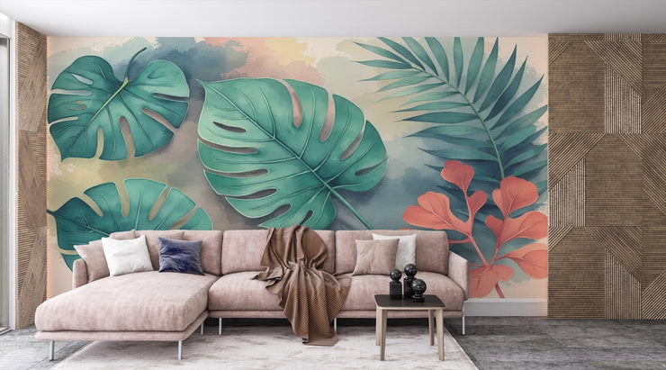 Tropical Leaves Watercolor Mural Wallpaper - Jungle Oasis Botanical Wallpaper - Wallmotif.com