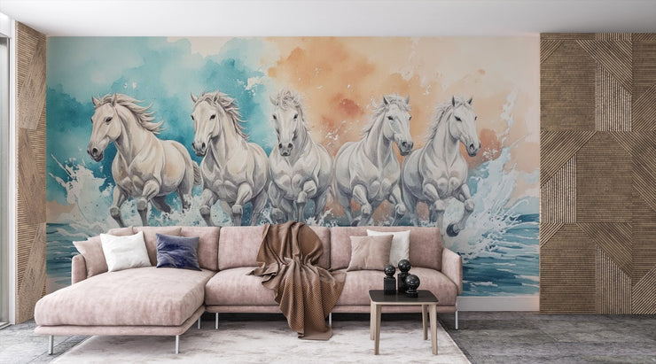 Running White Horses Wall Mural - Majestic Horse Herd Watercolor Mural - Wallmotif.com