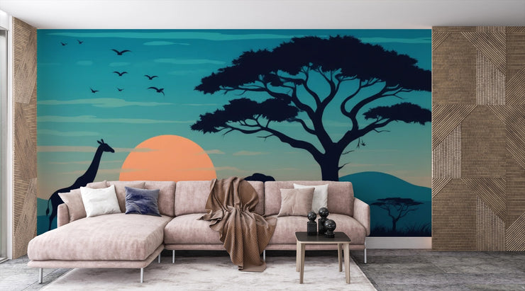 Twilight African Safari Wallpaper Mural - Sunset Giraffe Elephant Wall Art - Wallmotif.com