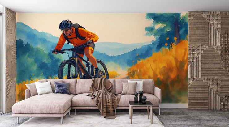 Dynamic Mountain Biker Wall Mural - Watercolor Cycling Adventure Wallpaper Art - Wallmotif.com