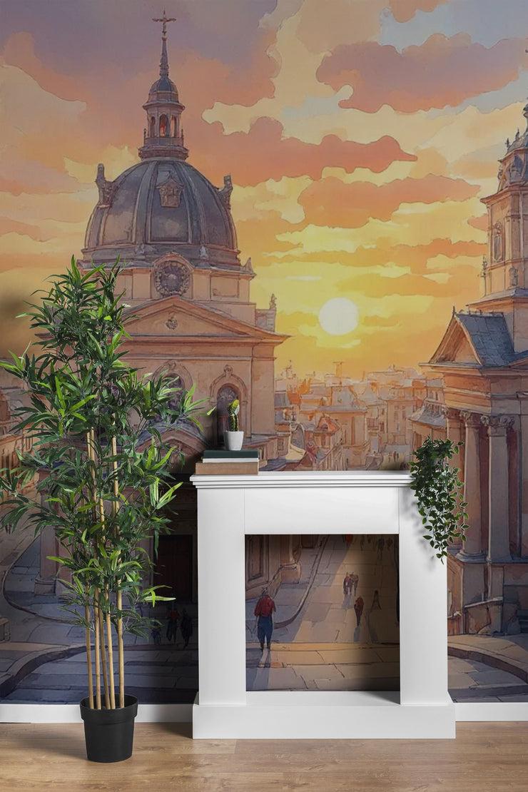 Sunset European Cityscape Wall Mural - Elegant Home Decor - Wallmotif.com
