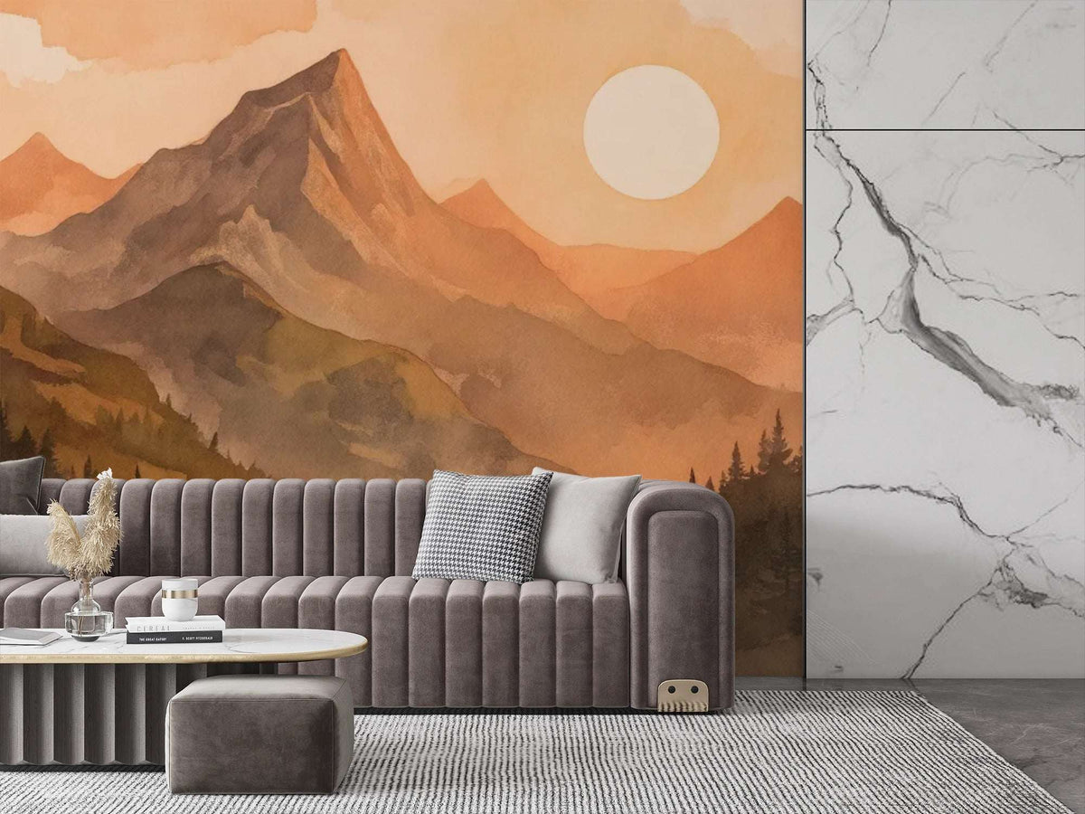 Warm Mountain Sunset Wall Mural - Cozy Nature Decor