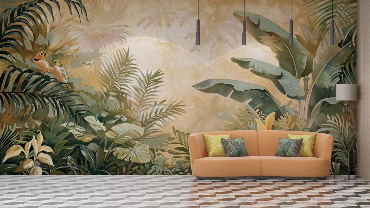 Tropical Jungle Wall Mural - Birds and Tropical Leaves Mural