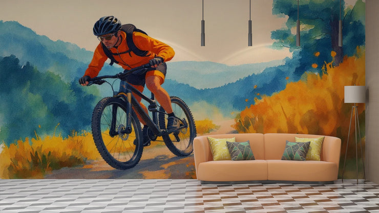 Dynamic Mountain Biker Wall Mural - Watercolor Cycling Adventure Wallpaper Art - Wallmotif.com