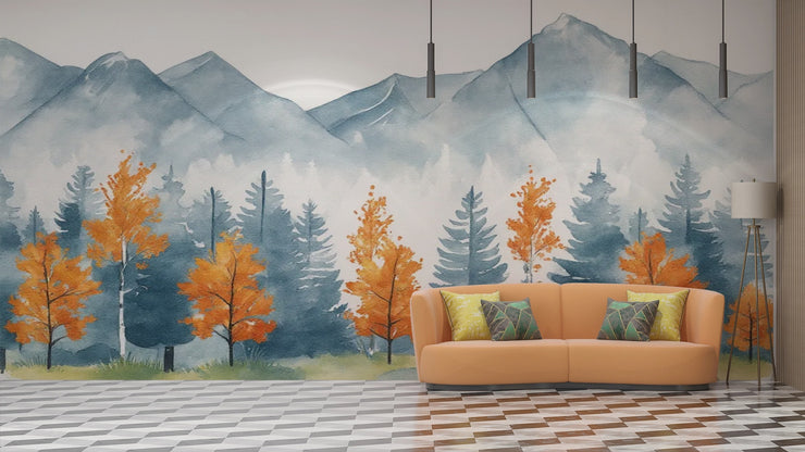 Autumn Mountain Forest Wall Mural - Modern Nature Decor - Wallmotif.com