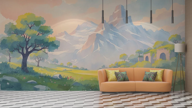 Pastel Mountain Landscape Wall Mural - Watercolor Alpine Scenery Wallpaper - Wallmotif.com