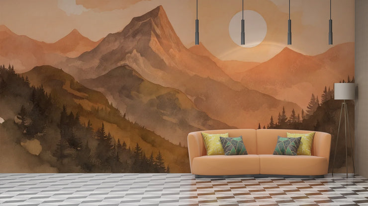 Warm Mountain Sunset Wall Mural - Cozy Nature Decor - Wallmotif.com