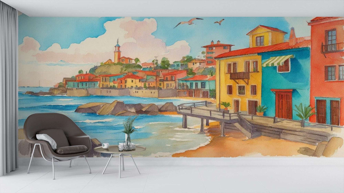 Vibrant Mediterranean Coastal Town Watercolor Mural Wallpaper