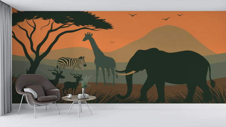 African Sunset Safari Wallpaper - Elephant, Giraffe Zebra Wall Mural - Wallmotif.com