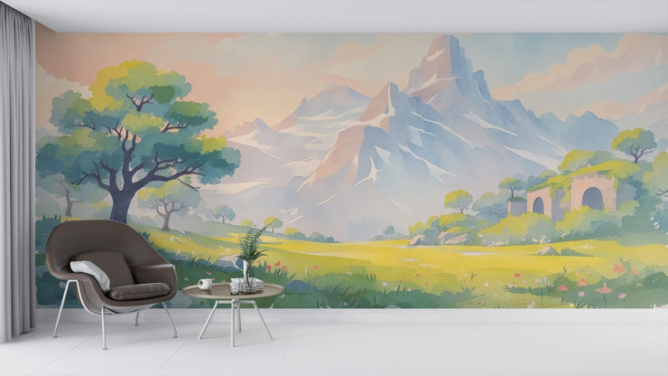 Pastel Mountain Landscape Wall Mural - Watercolor Alpine Scenery Wallpaper - Wallmotif.com