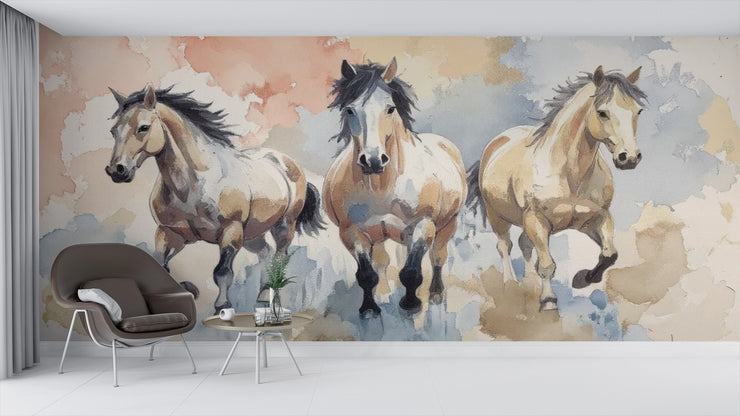 Wild Horses Watercolor Mural Wallpaper - Rustic Ranch Horse Themed Wallpaper - Wallmotif.com