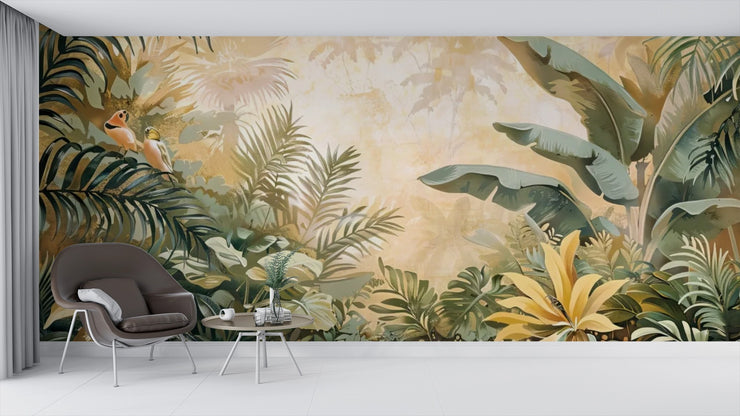 Tropical Jungle Wall Mural - Birds and Tropical Leaves Mural - Wallmotif.com