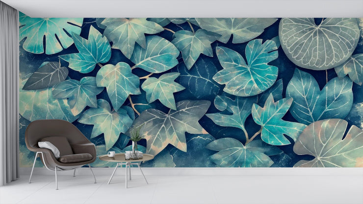 Moody Indigo & Teal Botanical Leaf Wall Mural - Abstract Art Wallpaper for Accent Wall - Wallmotif.com