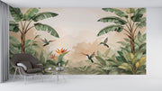 Serene Hummingbird Wallpaper Tropical Leaf Wall Mural - Wallmotif.com