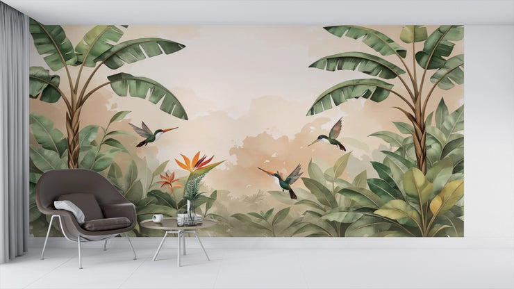 Serene Hummingbird Wallpaper Tropical Leaf Wall Mural - Wallmotif.com