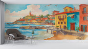 Vibrant Mediterranean Coastal Town Watercolor Mural Wallpaper - Wallmotif.com
