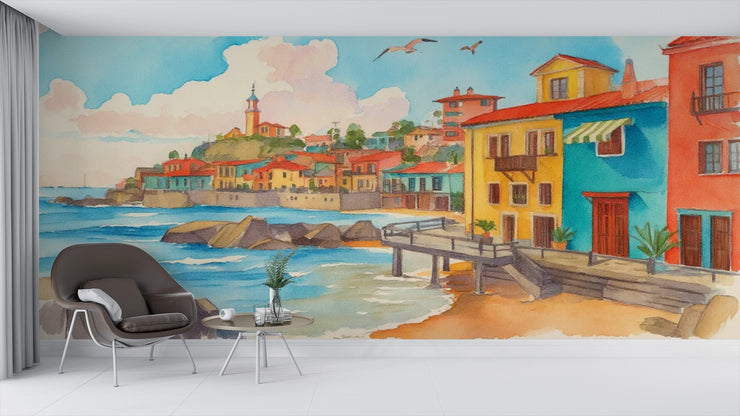 Vibrant Mediterranean Coastal Town Watercolor Mural Wallpaper - Wallmotif.com