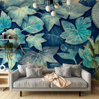 Moody Indigo & Teal Botanical Leaf Wall Mural - Abstract Art Wallpaper for Accent Wall