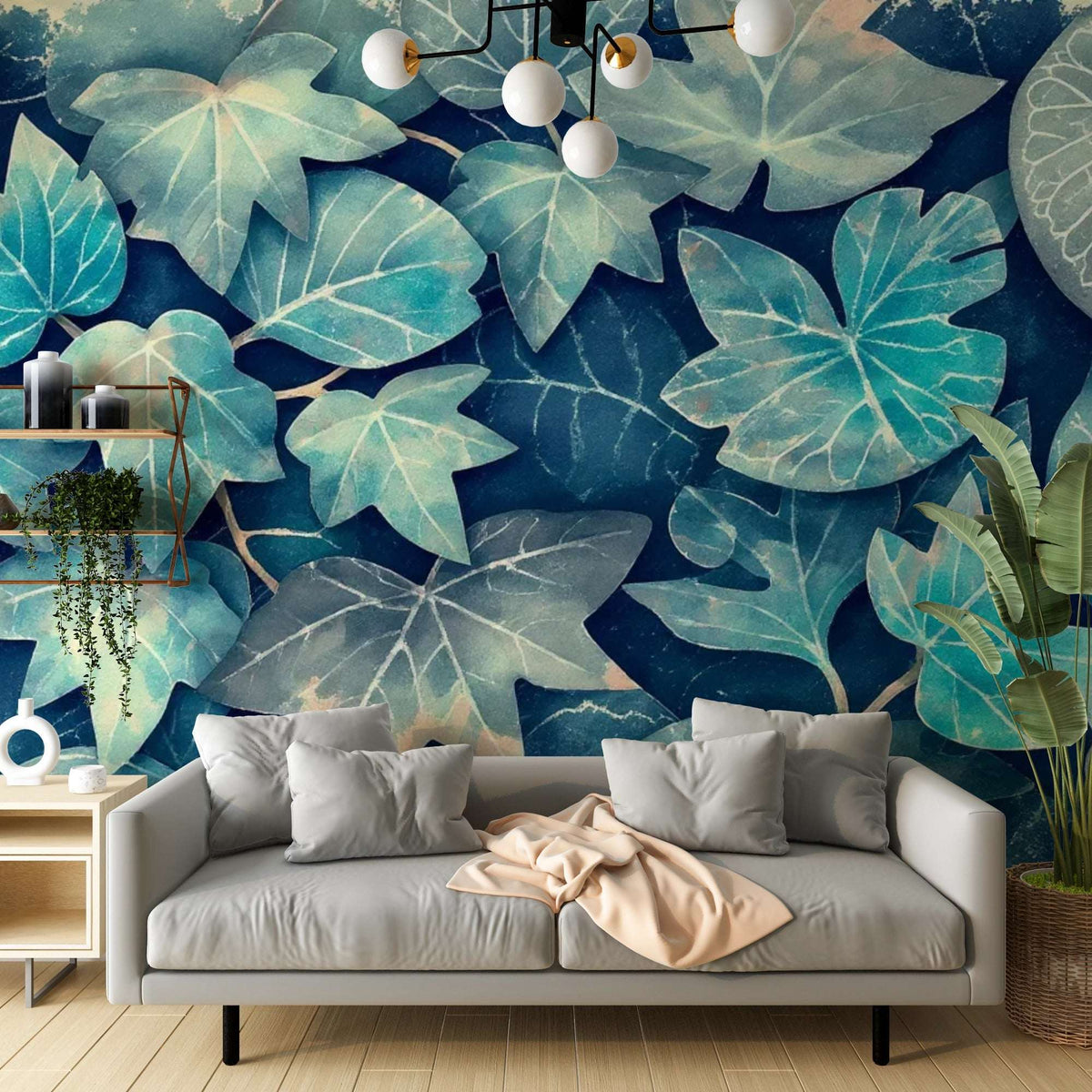 Moody Indigo & Teal Botanical Leaf Wall Mural - Abstract Art Wallpaper for Accent Wall