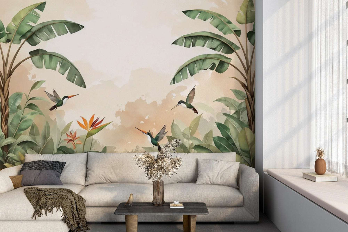Serene Hummingbird Wallpaper Tropical Leaf Wall Mural