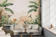 Serene Hummingbird Wallpaper Tropical Leaf Wall Mural - Wallmotif.com