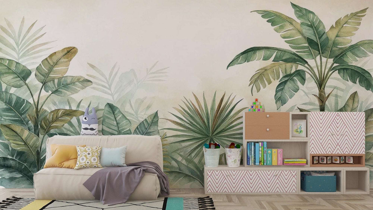 Watercolor Jungle Mural, Tropical Botanical Wallpaper, Palm Leaf Nursery Decor