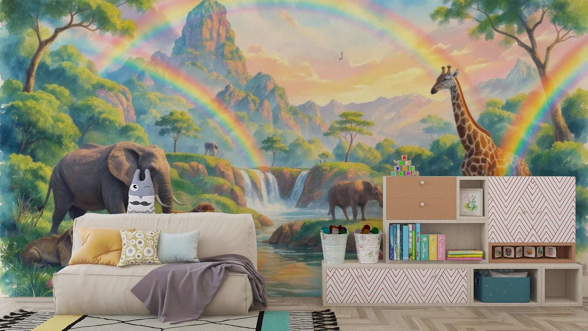 Safari Rainbow Wall Mural - African Animals Nursery Wallpaper