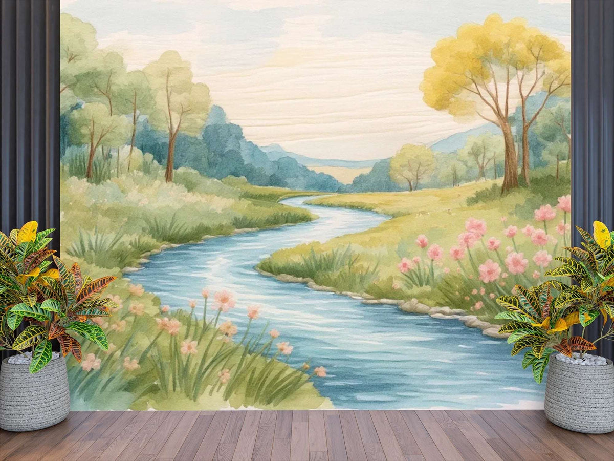 Watercolor River Valley Mural Wallpaper - Meadow Landscape