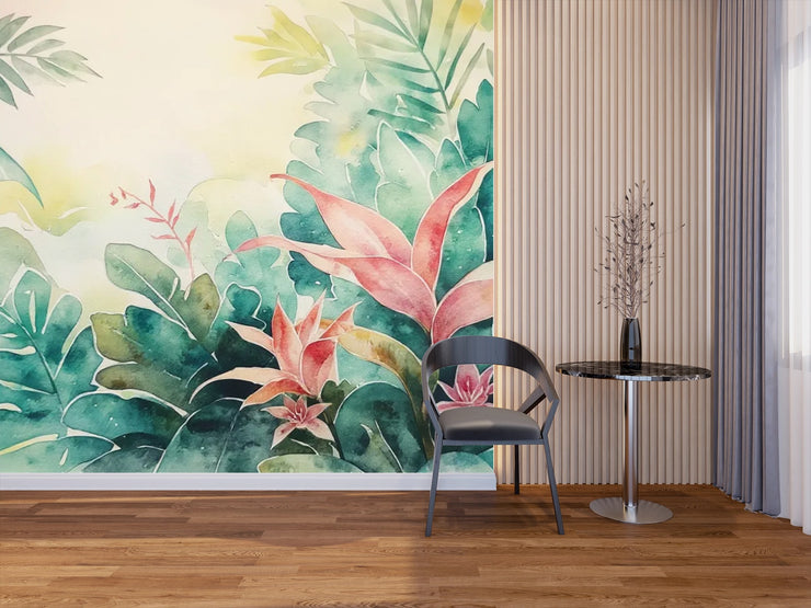 Tropical Watercolor Jungle Wall Mural - Floral & Leaf Wallpaper - Wallmotif.com