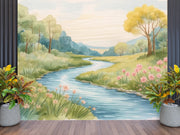 Watercolor River Valley Mural Wallpaper - Meadow Landscape - Wallmotif.com