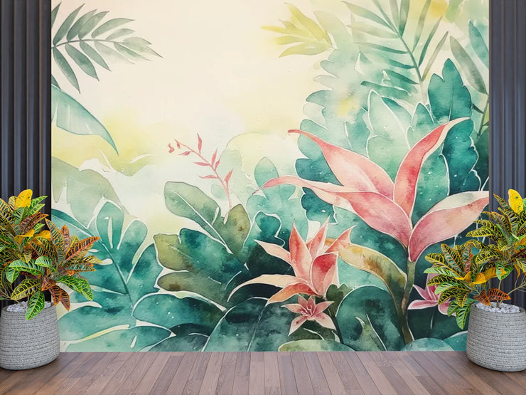 Tropical Watercolor Jungle Wall Mural - Floral & Leaf Wallpaper - Wallmotif.com