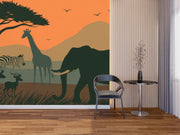 African Sunset Safari Wallpaper - Elephant, Giraffe Zebra Wall Mural - Wallmotif.com
