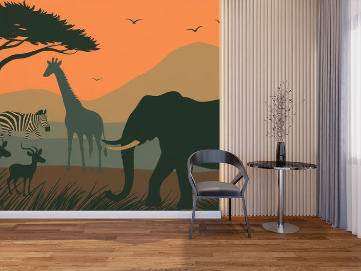 African Sunset Safari Wallpaper - Elephant, Giraffe Zebra Wall Mural - Wallmotif.com