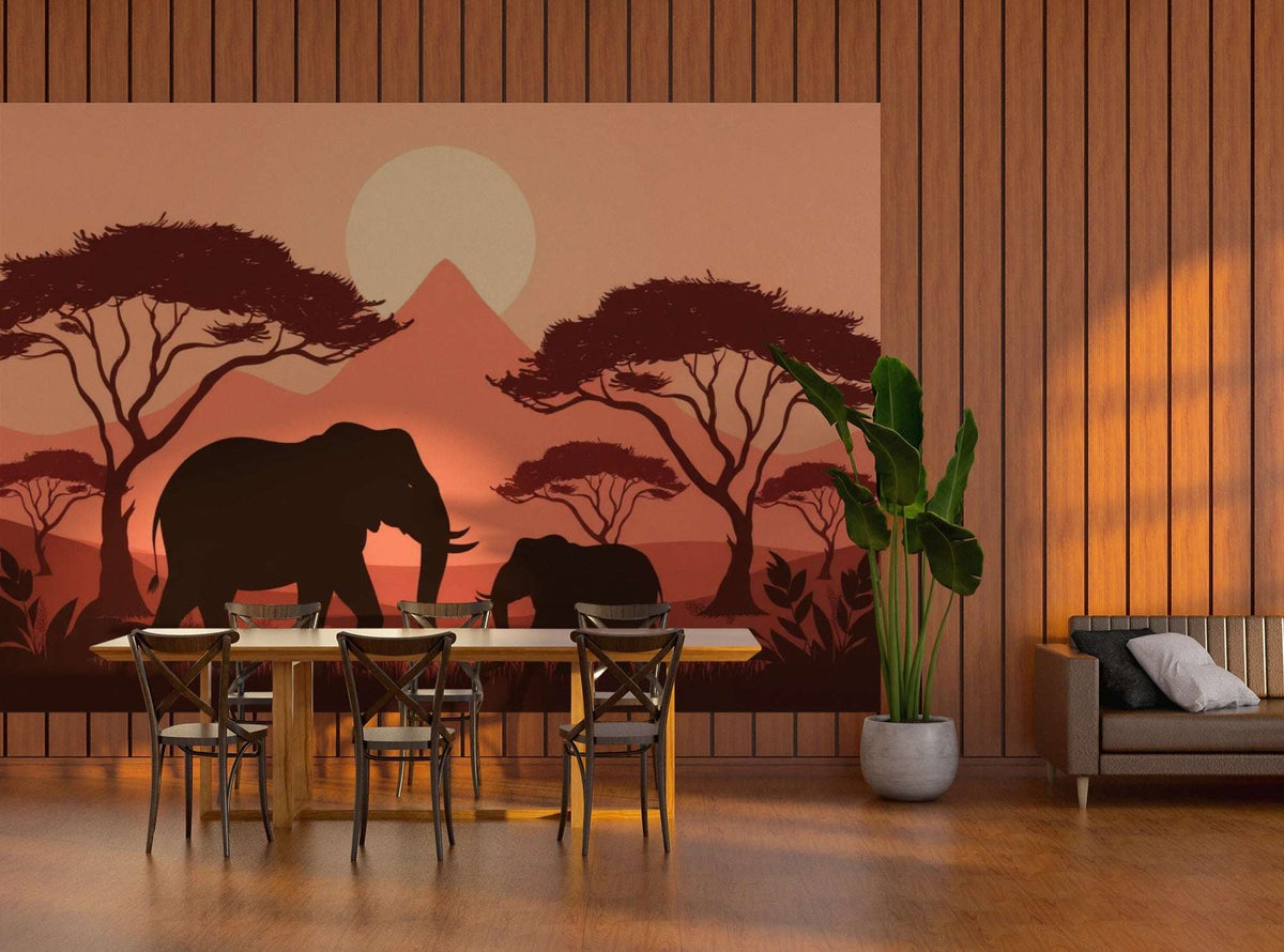 African Sunset Elephant Mural Wallpaper