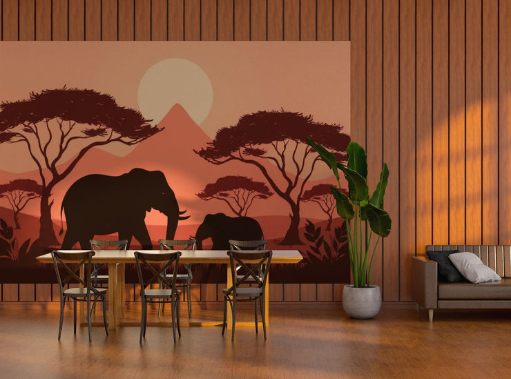 African Sunset Elephant Mural Wallpaper - Safari Wall Decor for Living Room - Wallmotif.com