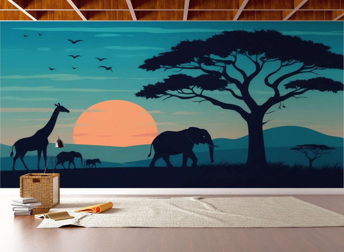 Wallpaper Sunset Giraffe Elephant Wall Mural
