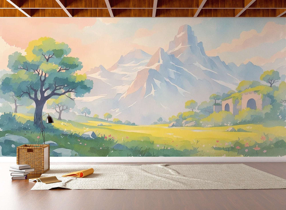 Pastel Mountain Landscape Wall Mural - Watercolor Alpine Scenery Wallpaper