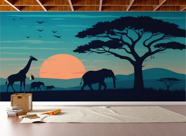 Twilight African Safari Wallpaper Mural - Sunset Giraffe Elephant Wall Art - Wallmotif.com