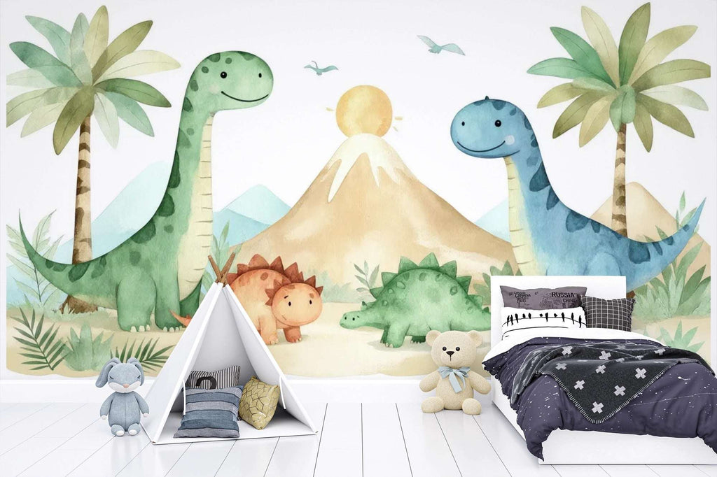 Watercolor Dinosaur Nursery Wallpaper - Friendly Dino Land Wallpaper