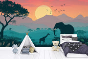 Savanna Sunset Wall Mural. Safari Elephant Wallpaper. African Landscape Peel and Stick - Wallmotif.com
